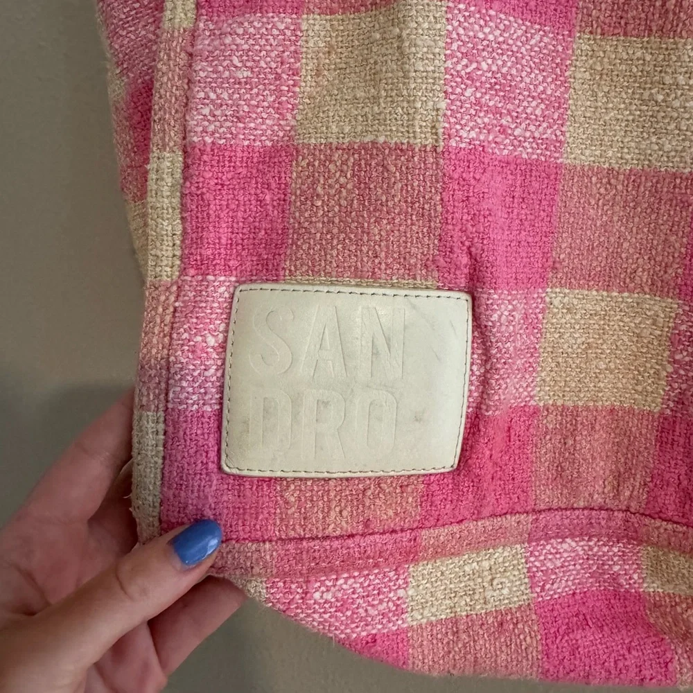 $450 SANDRO Kasbah gingham print cotton‎ tote bag shoulder bag pink cream white - Picture 10 of 10